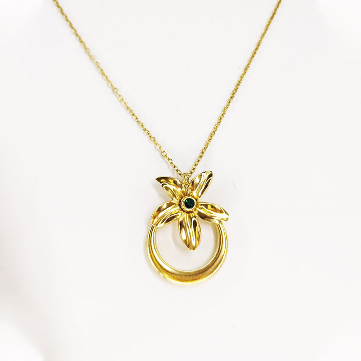 18K Gold Plated Zircon Inlaid Bow Flower Pendant Necklace