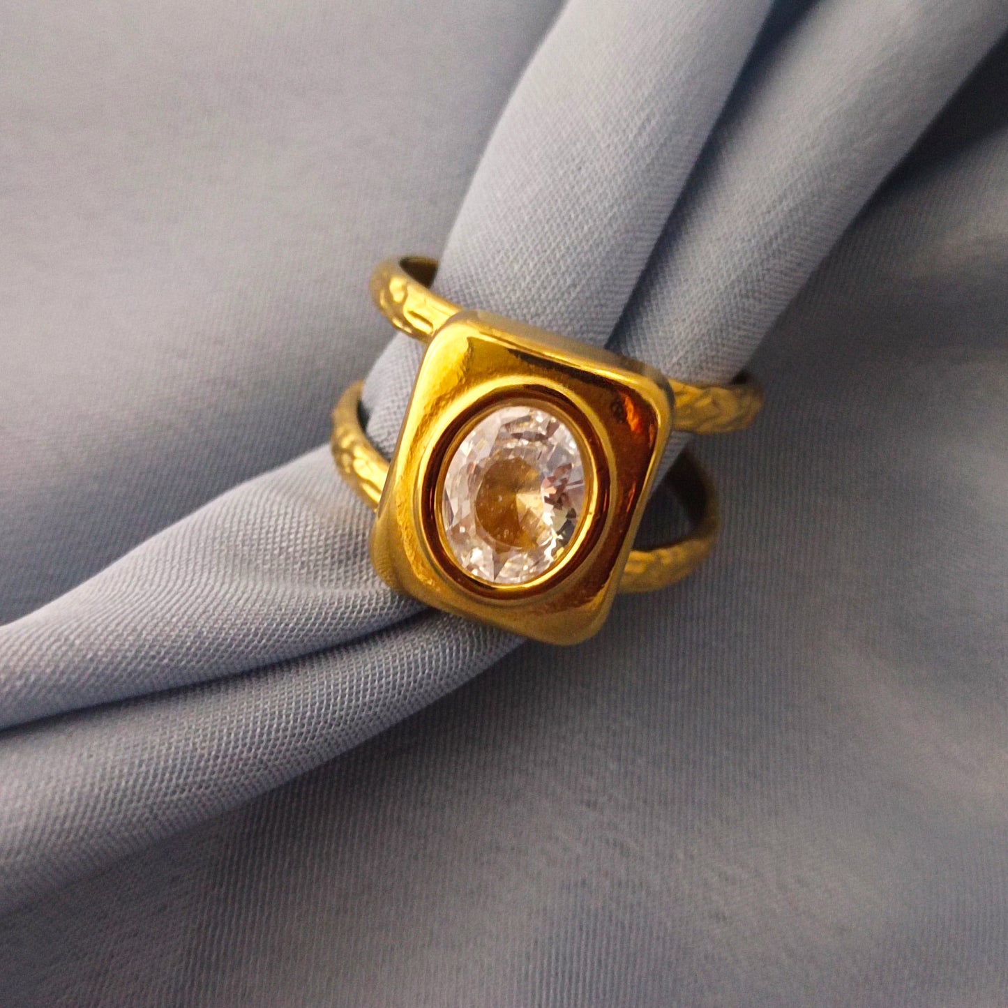 Bold Square Statement Ring — 18K Gold-Plated Adjustable Ring with Clear Stone