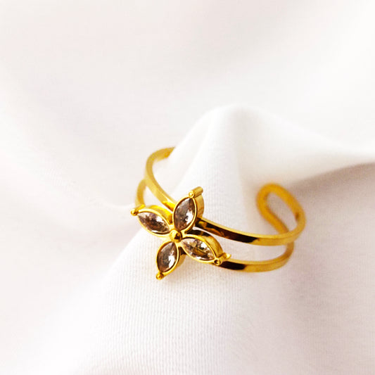 Flower Zirconia Ring – 18K Gold-Plated Adjustable Ring
