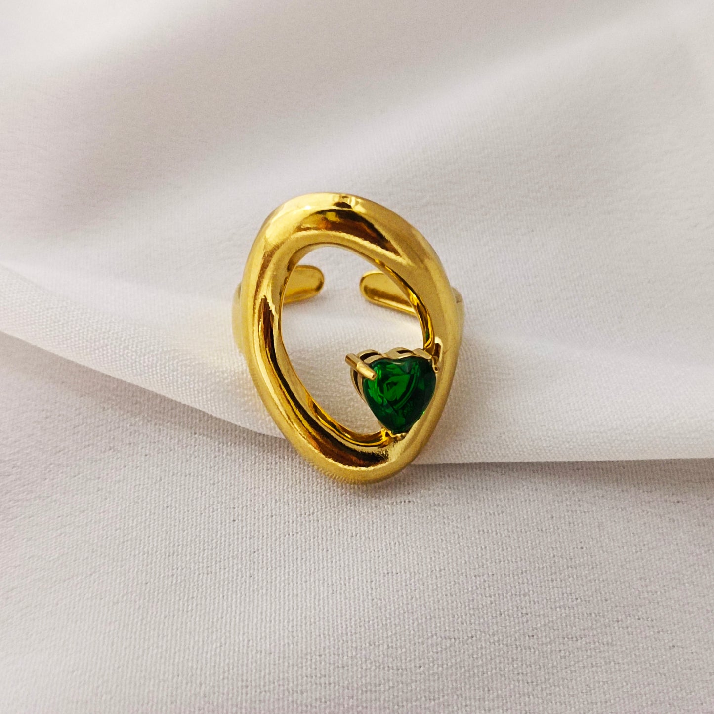 Premium 18K Gold-Plated Abstract Adjustable Ring with Emerald Stone