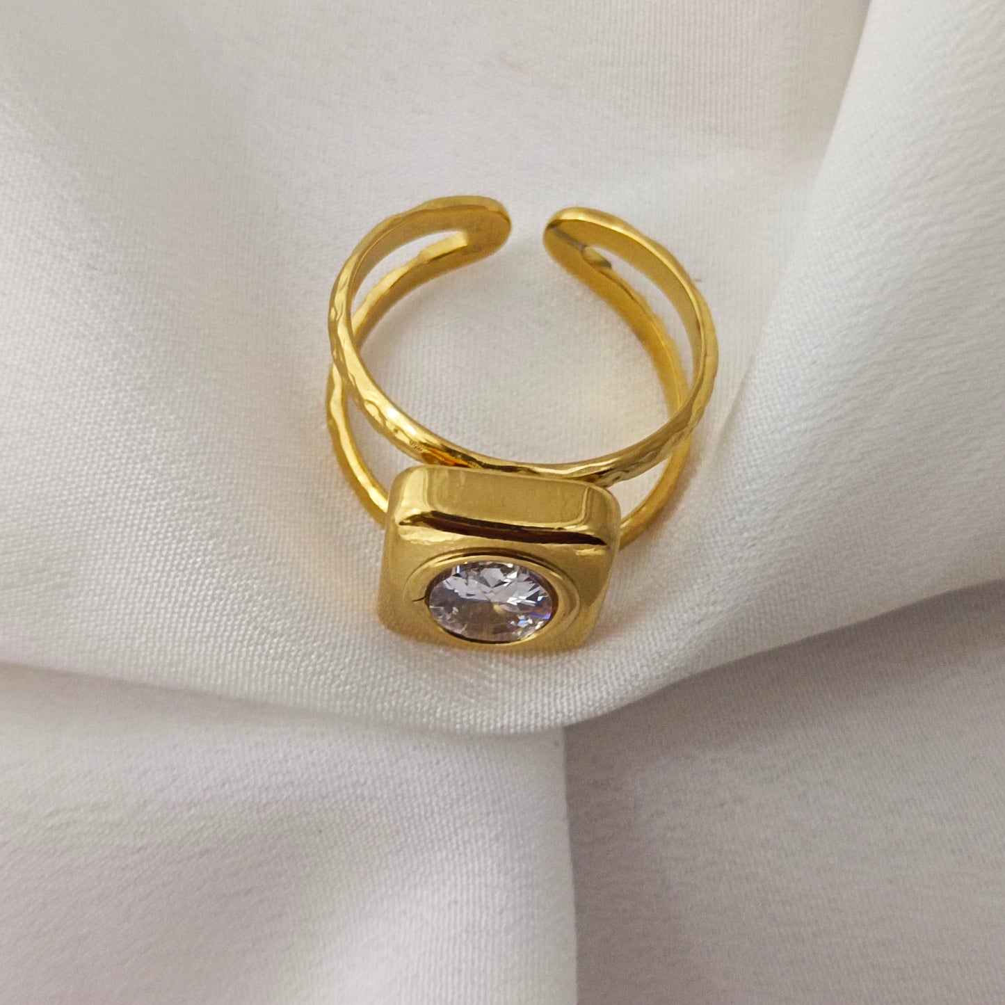 Bold Square Statement Ring — 18K Gold-Plated Adjustable Ring with Clear Stone