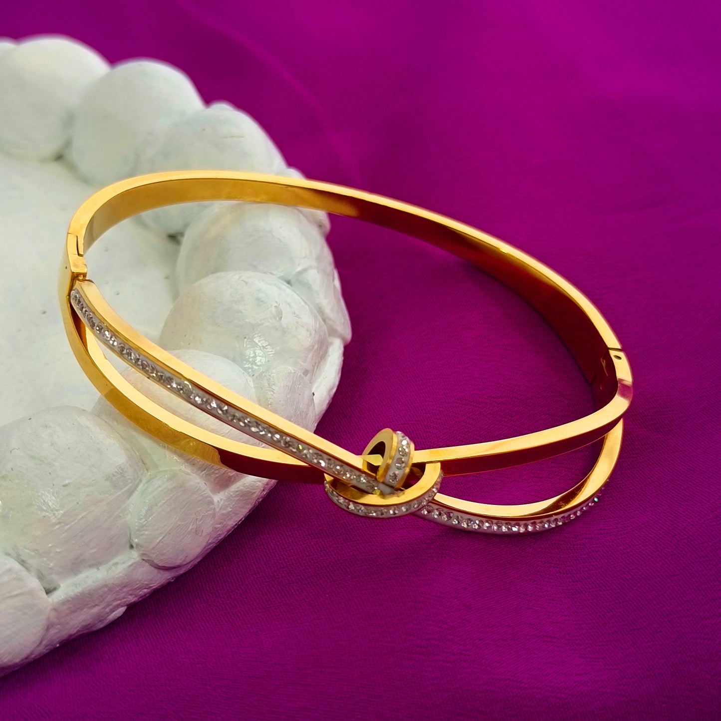Gold Crystal Knot Bangle Bracelet – Minimalist Bow Design