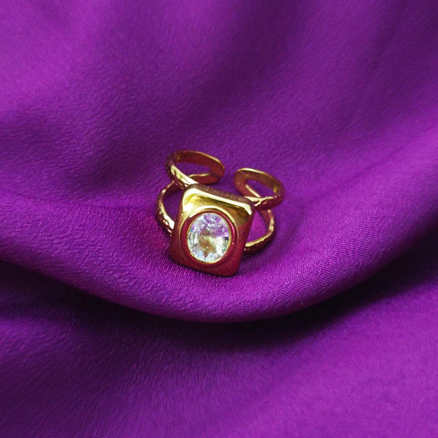 Bold Square Statement Ring — 18K Gold-Plated Adjustable Ring with Clear Stone