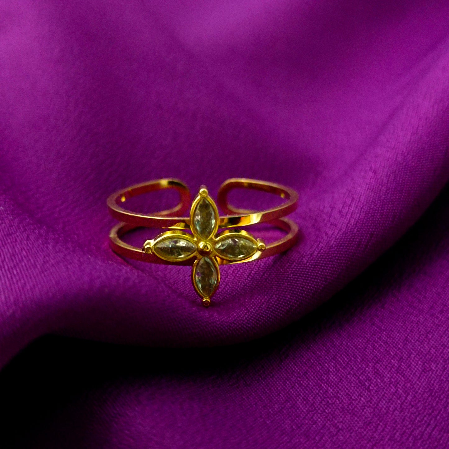 Flower Zirconia Ring – 18K Gold-Plated Adjustable Ring