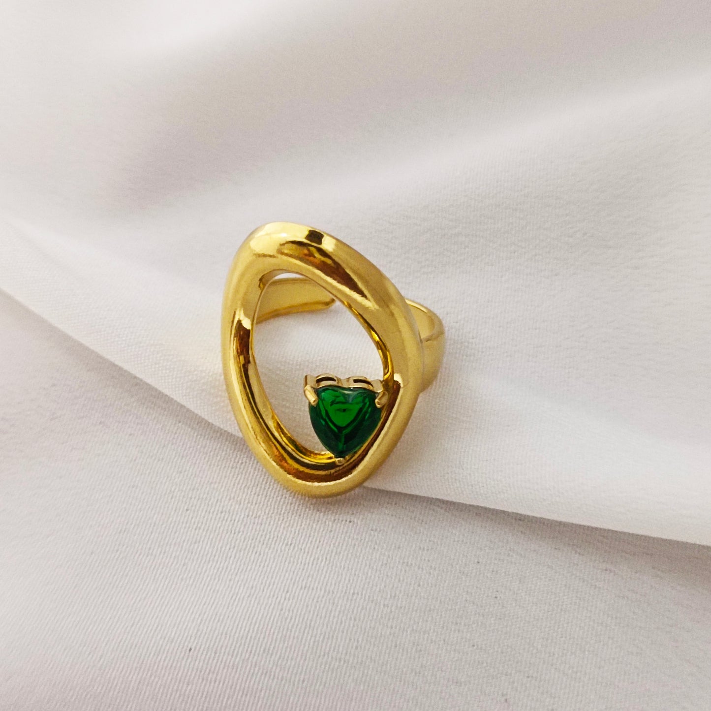 Premium 18K Gold-Plated Abstract Adjustable Ring with Emerald Stone