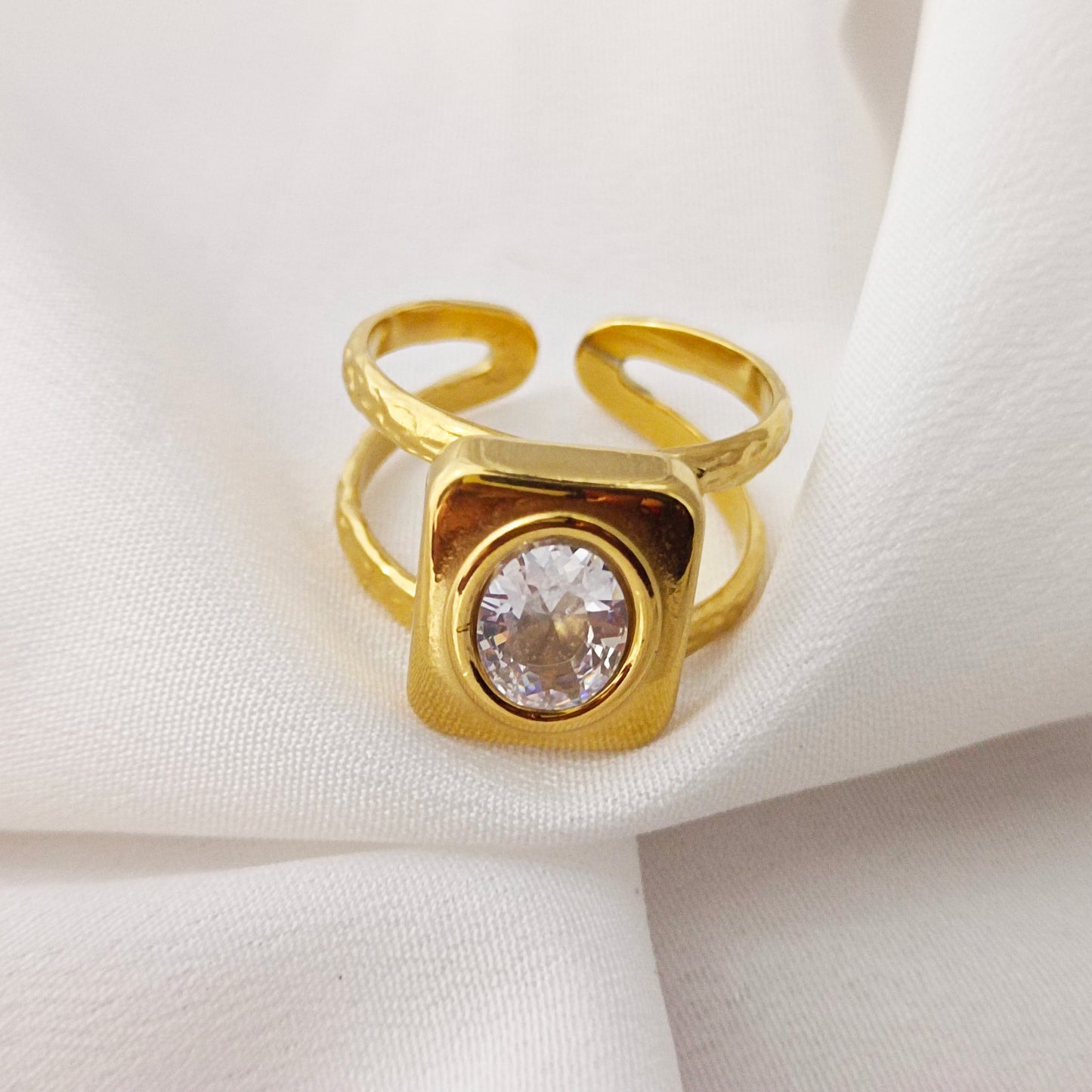 Bold Square Statement Ring — 18K Gold-Plated Adjustable Ring with Clear Stone