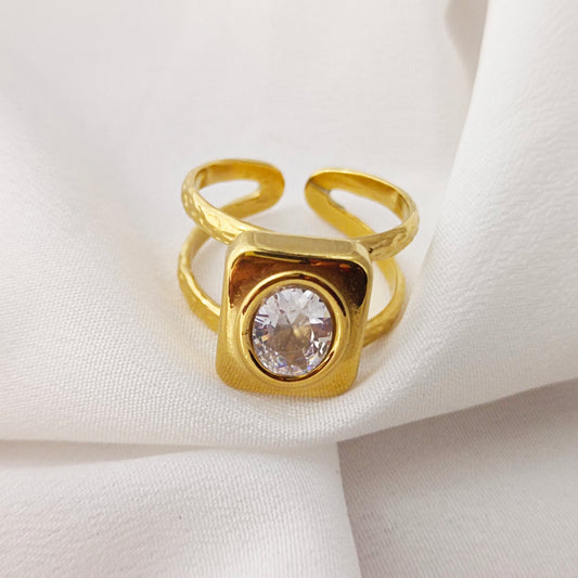 Bold Square Statement Ring — 18K Gold-Plated Adjustable Ring with Clear Stone