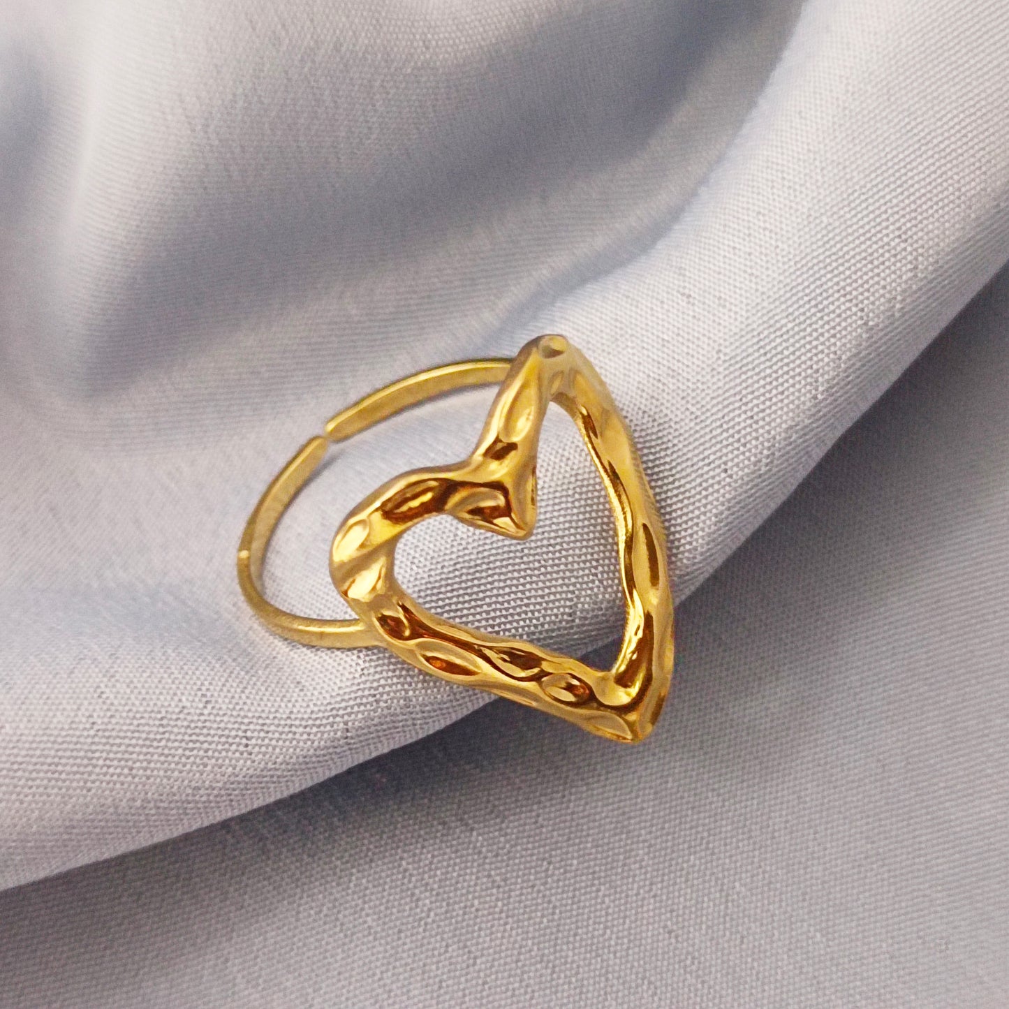 18K Gold-Plated Anti-Tarnish Stainless Steel Heart Adjustable Ring