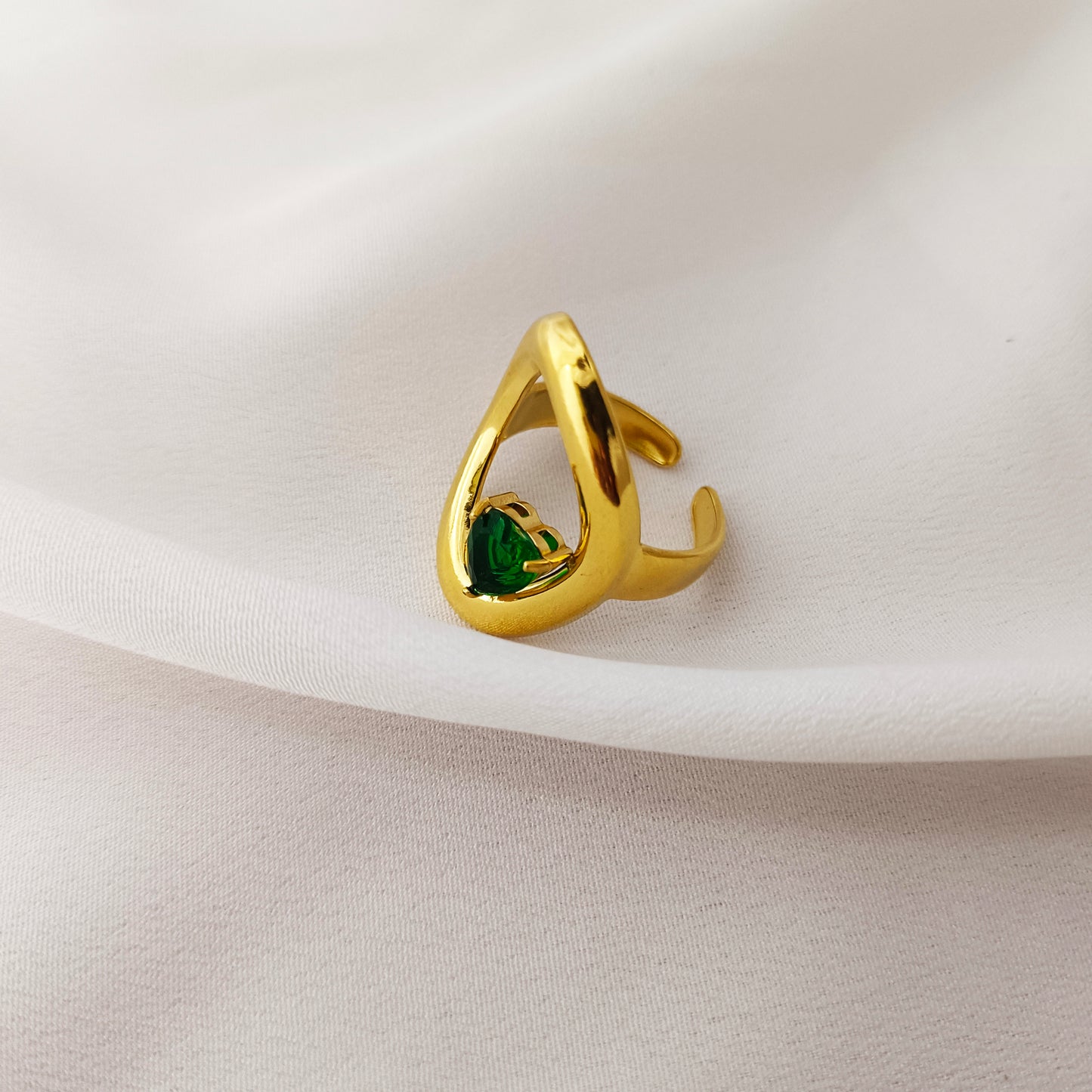 Premium 18K Gold-Plated Abstract Adjustable Ring with Emerald Stone