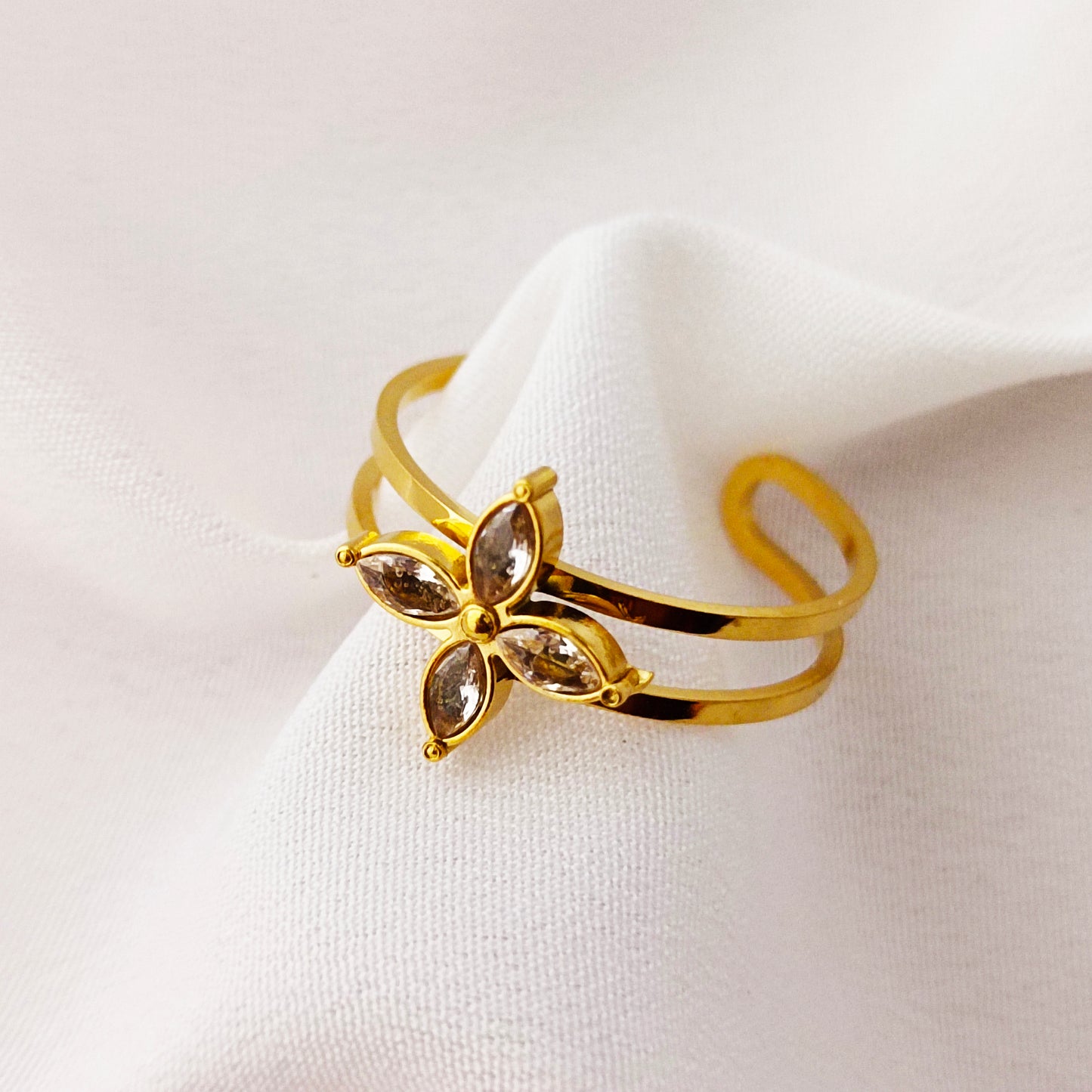 Flower Zirconia Ring – 18K Gold-Plated Adjustable Ring