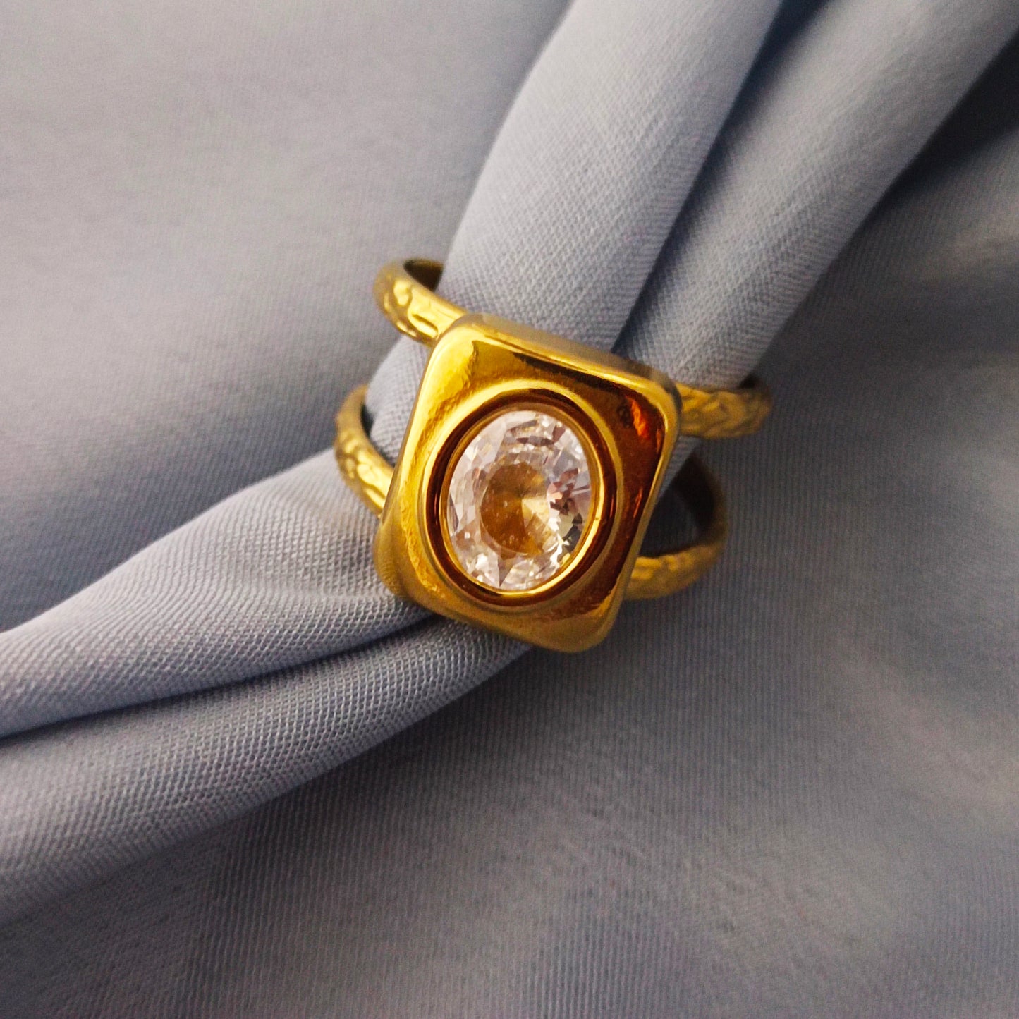 Bold Square Statement Ring — 18K Gold-Plated Adjustable Ring with Clear Stone