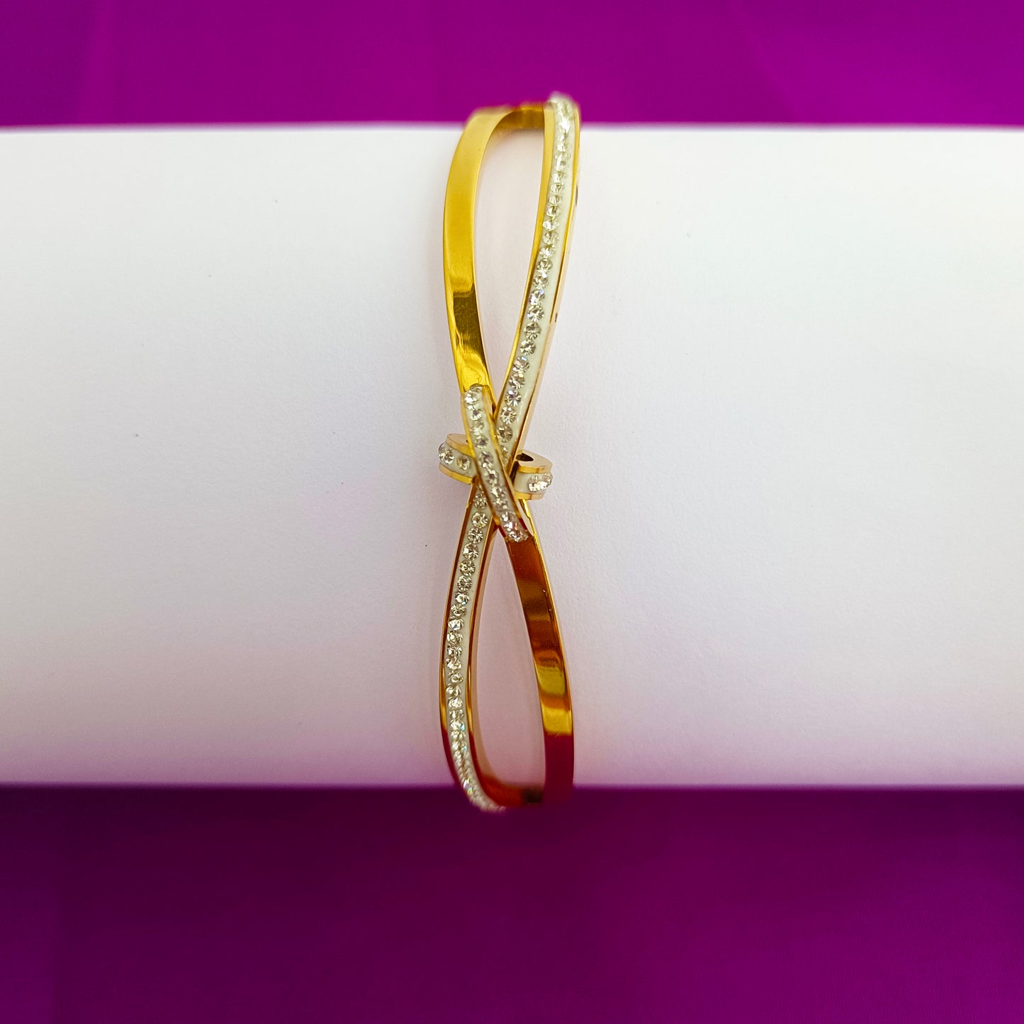 Gold Crystal Knot Bangle Bracelet – Minimalist Bow Design