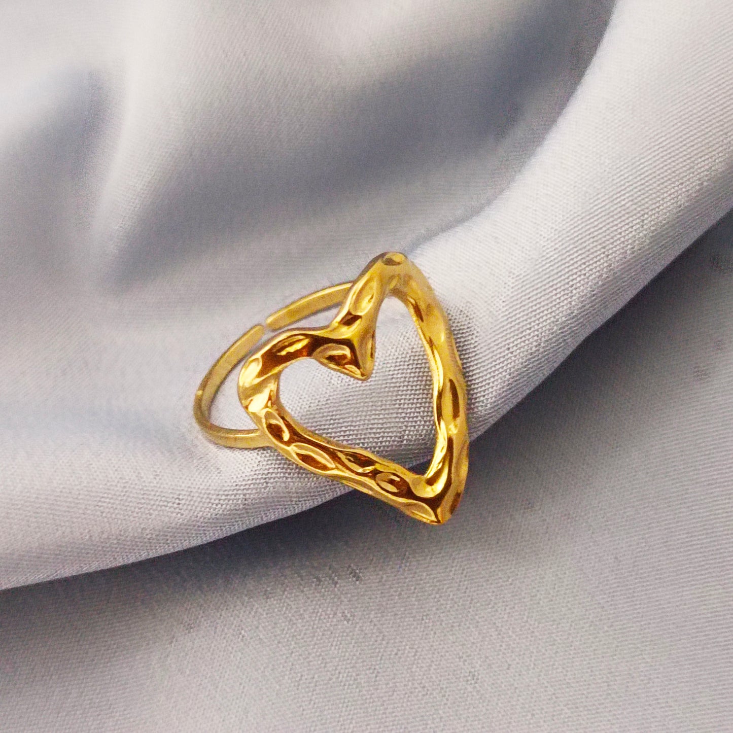 18K Gold-Plated Anti-Tarnish Stainless Steel Heart Adjustable Ring