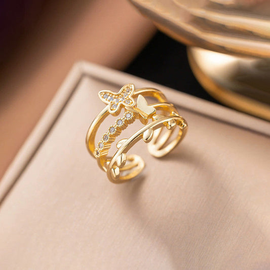 Gold Plated Anti Tarnish Stainless Steel Butterfly Themed Adjustable Finger Ring